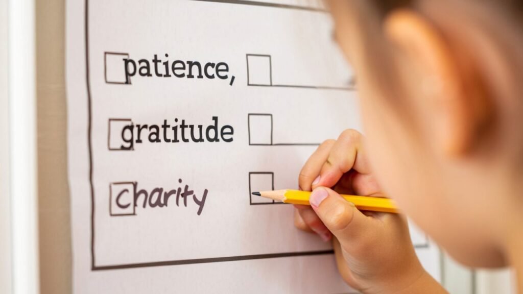 Child checking a worksheet with words like patience gratitude and charity symbolizing identity shift during personal growth