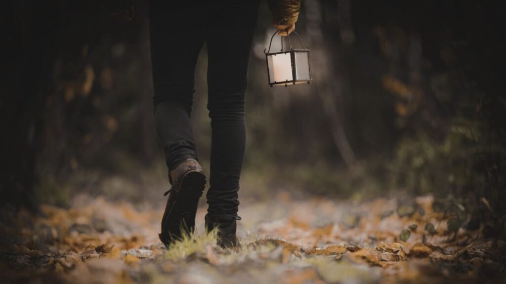 12 Signs You’re Searching for Meaning in Your Life and What to Do Next 7 Person walking through a dark forest holding a lantern, symbolizing signs You’re Searching for Meaning in Your Life and seeking guidance