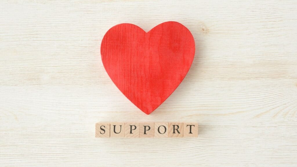 Red heart above the word support, symbolizing emotional support and growth throughout the Stages of Identity Shift